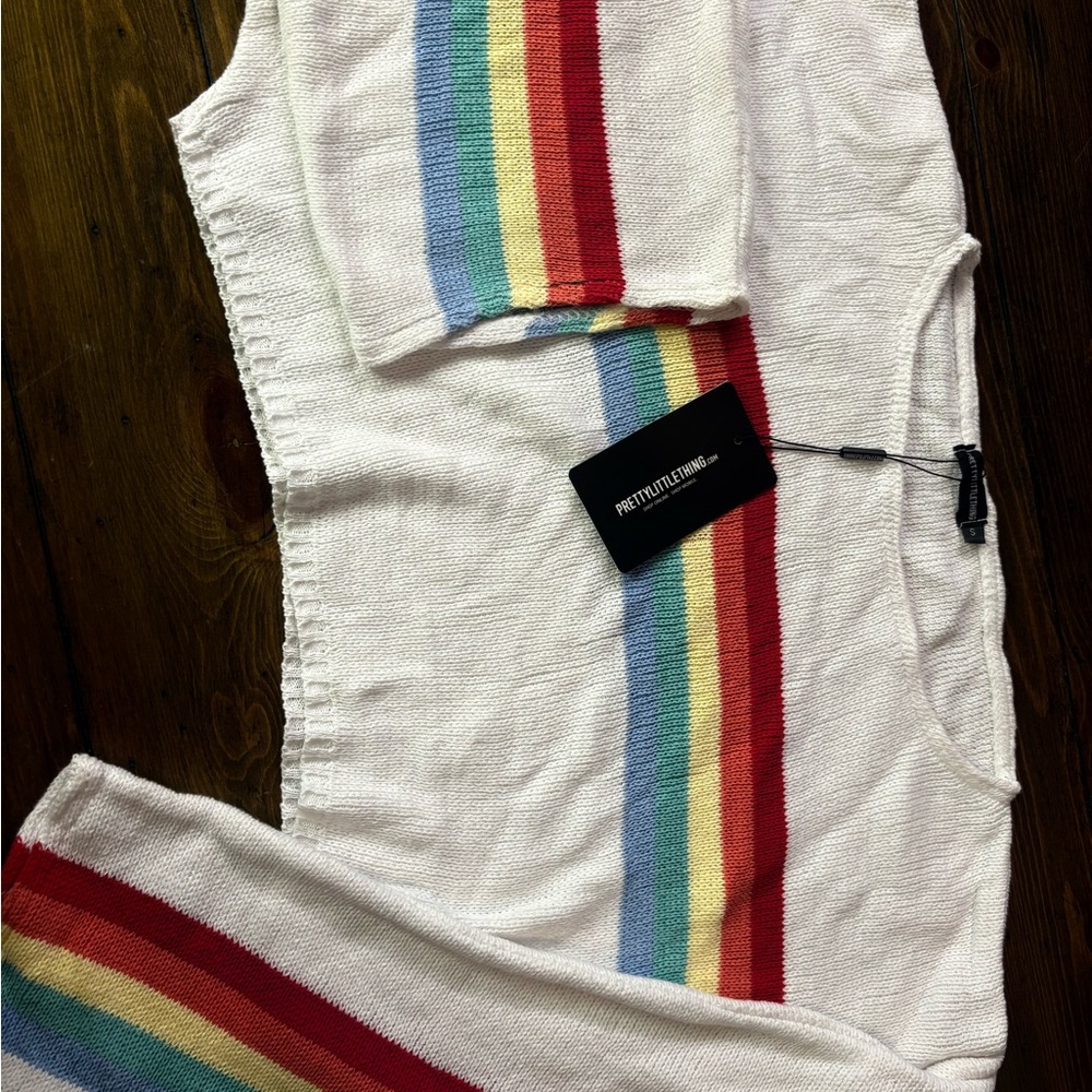 PrettyLittleThing White Sweater with Rainbow Stripes